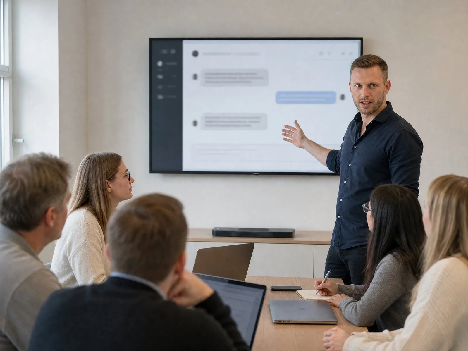 Tobias schult ein Team im Konferenzraum am KI-Assistenten
